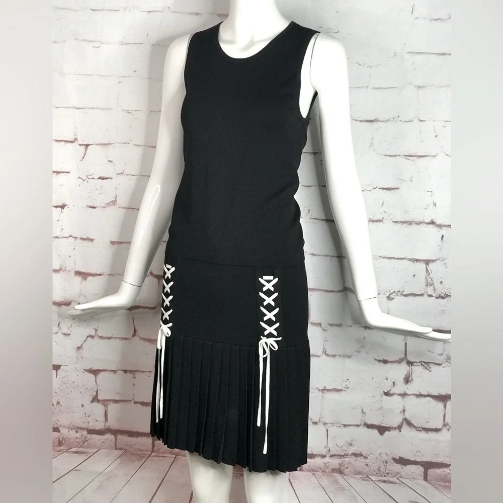 PARKER XS Kennedy Black Knit Pleated Skirt Drop Waist Lace Up Ties Tank Dress XS - Picture 5 of 16